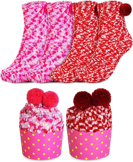 2 Pairs Cupcake Socks for Women Winter Fuzzy Fluffy Sleeping Warm Soft Socks in a Box Christmas Valentines Day Socks